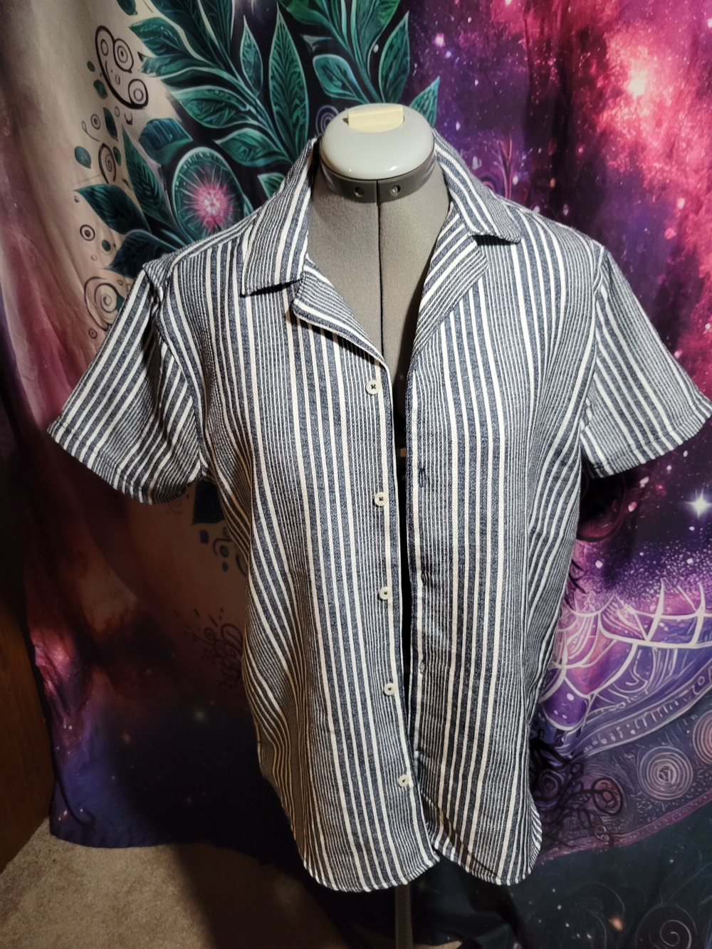 Striped Short Sleeve Button-Up Shirt — Navy and White